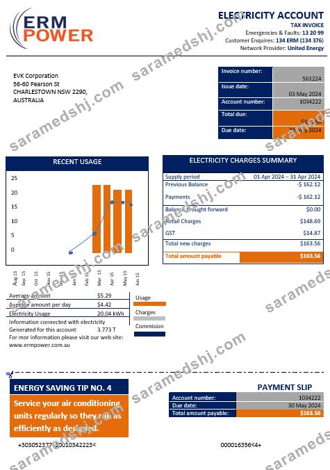 Australia ERM Power electricity proof of address business utility bill template in Word and PDF format